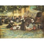 An early 20th century oil painting on canvas of a continental market scene with women beside a
