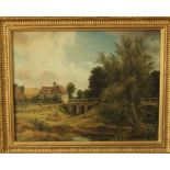 A 19th century Suffolk school oil painting on canvas of a rural landscape with harvesters, triple