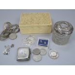 A mixed collection of silver and white metal to include silver vesta case, silver lidded cut glass