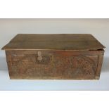 Antique oak lidded box, the front with carved arcaded panels, 72cm long