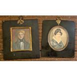 Two 19th century watercolour miniature portraits, one of oval form showing a lady in blue and