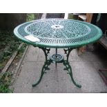 A Victorian style green painted cast aluminium garden terrace table of circular form with decorative