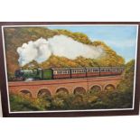 An oil painting on canvas of a great western steam locomotive crossing a viaduct, signed bottom