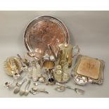 A box containing a selection of silver plated items to include Elkington & Co silver plated tea