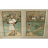 A pair of early 20th century coloured baseball subject prints (in one frame) together with further