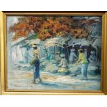 An oil painting on canvas of a far eastern style market scene indistinctly signed, two further oil