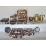 A box of interesting eastern items to include a Japanese lacquered table top cabinet, further