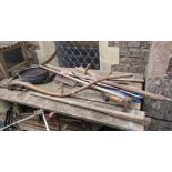 A vintage agricultural scythe with long ashwood handle together with further vintage and more