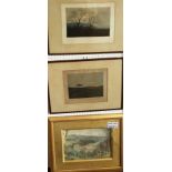 A pair of early 20th century coloured etchings of landscapes with trees, signed bottom right E