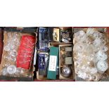 Three boxes of various silver plate, glassware and miscellaneous items