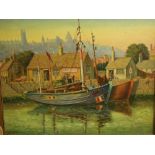 A 20th century oil painting on board by Fred Barney showing a quayside scene at Penzance with