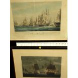 A collection of three 19th century coloured engravings of maritime subjects - two showing the defeat