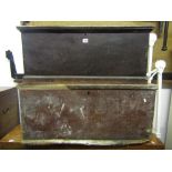 A 19th century stained elm blanket box with hinged lid, side carrying handles and candle box to