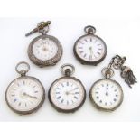 A collection of five antique silver fob watches each with fancy enamelled dials (5)