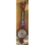 A late 19th/early 20th century banjo barometer thermometer, inlaid with conch shells in stained