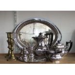 A Georgian style boat shaped, half fluted silver plated tea service comprising tea pot, water pot,