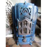 An Art Deco style turquoise enamelled cast iron stove stamped Les Fonderies Franco-Belges Merville-