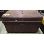 A Victorian tin trunk with simulated wood grain finish containing a quantity of terracotta flower