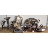 A collection of silver plated items to include entree dishes, tea wares, a silver plated ouperne and