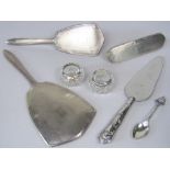 A mixed collection of silver to include a three piece dressing set comprising two brushes and a