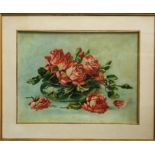 A pair of 20th century oil paintings on canvas, still life's of a bowl and a basket of roses, 33 x