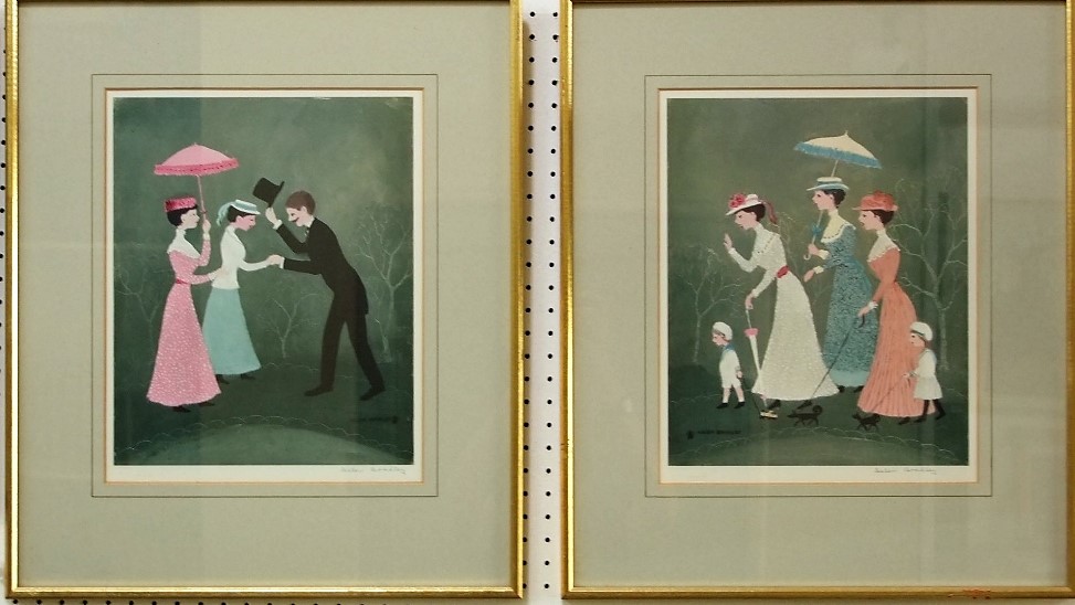 A pair of signed coloured prints after Helen Bradley - Oh Just Look said Mother, Ah Dear Emily, both