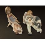 Two Lladro Daisa models of children - little girl brushing a large dog - Contented Companion, with