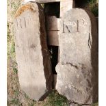 Two carved natural stone grave headstones of arched form initialled KP & RF