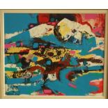 A 20th century oil painting on board by John Lancaster of a colourful abstract study in the