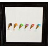 An unusual relief picture incorporating coloured resin melting ice creams, 48 cm square, framed