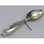 Four Georgian and later silver tablespoons, together with a similar pair of dessert spoons, 10.5oz