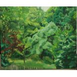 A 20th century oil painting on canvas of a landscape with trees, inscribed verso Holland Park, 80