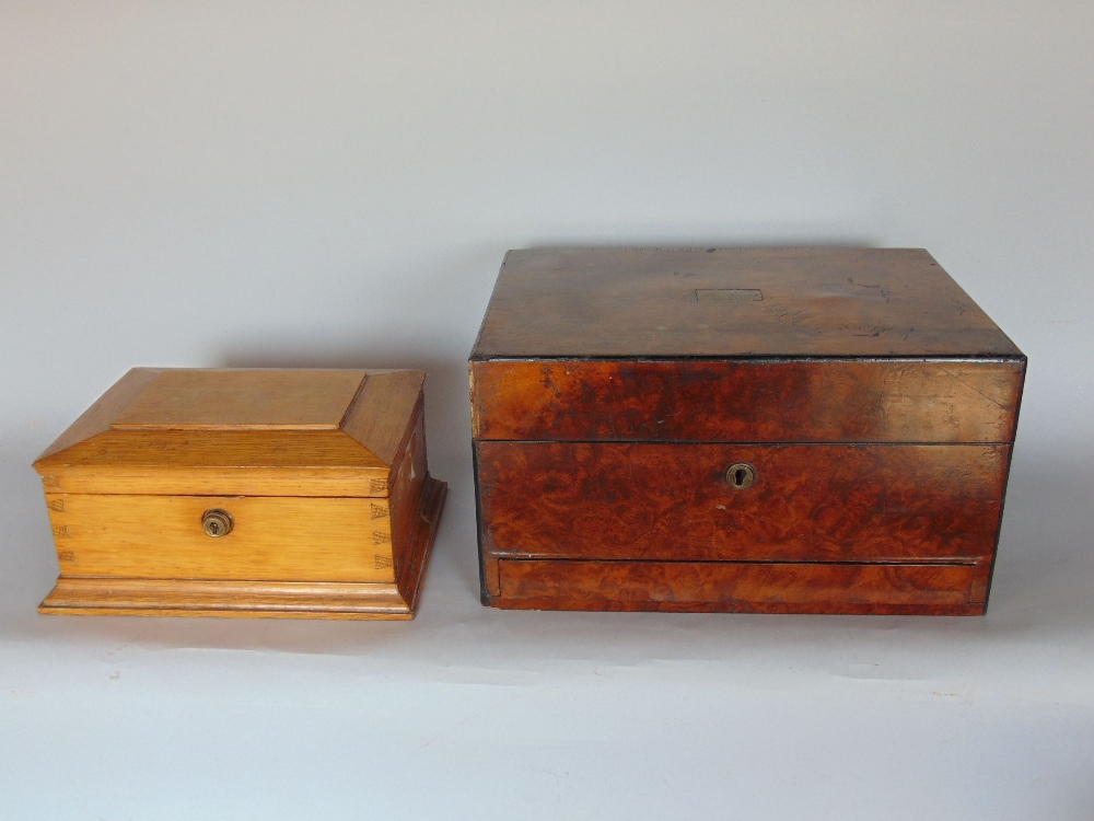 19th century burr walnut work box,the hinged lid enclosing a fitted interior; together with a