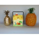 Mixed vintage lot to include a plastic pineapple shaped ice bucket, a further brass pineapple shaped