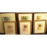 A quantity of vintage style golfing scenes, 30 x 56 cm approx in burrwood style frames, together