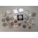 A collection of nine £5 coins, six crowns, four 19th century continental silver coins, silver ARP