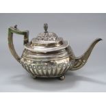 George III silver boat shaped teapot with half fluted decoration, maker Thomas Wallis, London