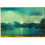 A contemporary oil painting on canvas by Owen Henderson showing a mountainous lake scene, signed