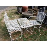 A contemporary steel framed two seat garden bench with lattice strap work seat and twin panelled