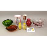 A miscellaneous collection of glassware to include art glass, cranberry glass, a decanter, etc,