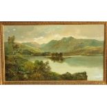 A 20th century oil painting on canvas of an extensive mountainous lake scene with figures, 59 x