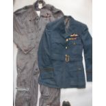 RAF flying suite MK4 together with airforce jacket and belt with RAF badge and medal ribbons