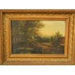 19th century school - figures in a rural landscape, oil on board, 20 x 30 cms, framed; together with