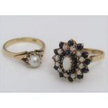 A 9ct opal cluster ring (af), size Q/R, and a further 9ct claw set pearl ring, size O, 7g total