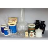 A mixed apothecary and pharmacist's lot to include old drug jars, a pair of blue glass baluster