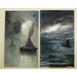 Early 20th century school - pair of marine landscapes with ships in a storm, unsigned, oil on board,