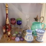 A mixed lot to include a cut glass claret jug and ships decanter, together with various coloured cut