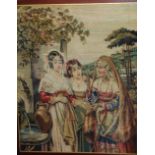 Large wool work picture of a continental scene with an elderly lady and two younger girls by the