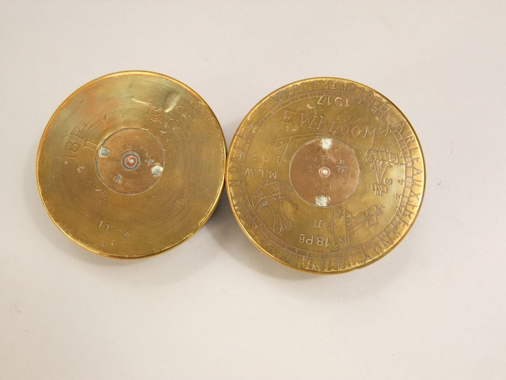 An interesting pair of brass trench art lanterns in the form of captains helmets, one inscribed E - Image 5 of 5