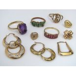 A collection of gold items to include three 9ct gem set rings; one example set with a large